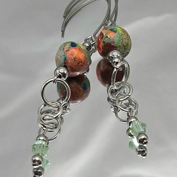 Jewelry - Stainless Steel Imperial Jasper and Crstal Necklace and Earimgs Set